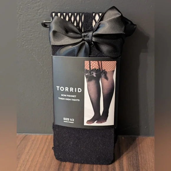 Torrid Plus Size Black Bow Fishnet Thigh Hight Tights 1/2 - Picture 1 of 2